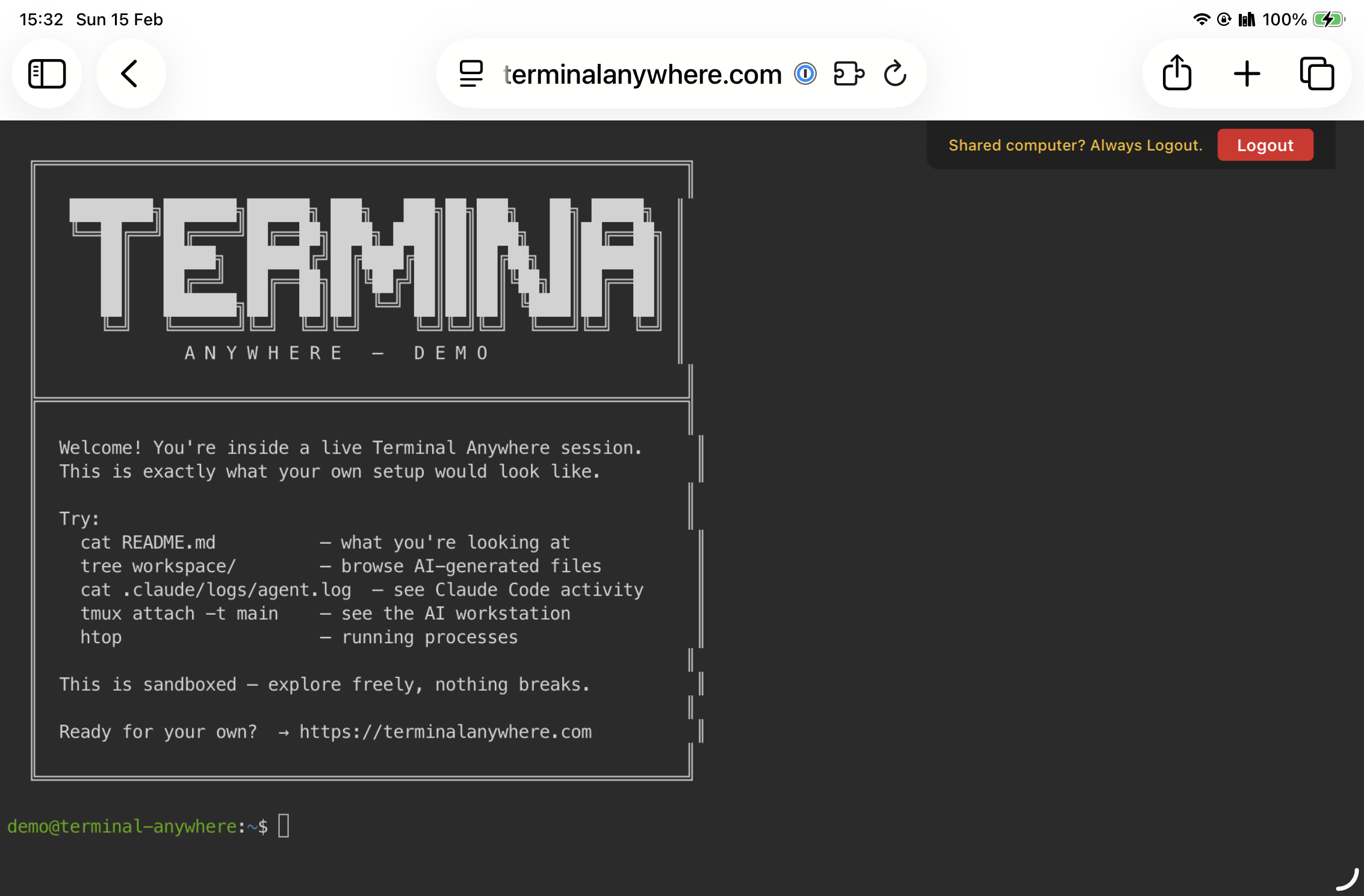 Terminal Anywhere demo session running on an iPad Mini in Safari